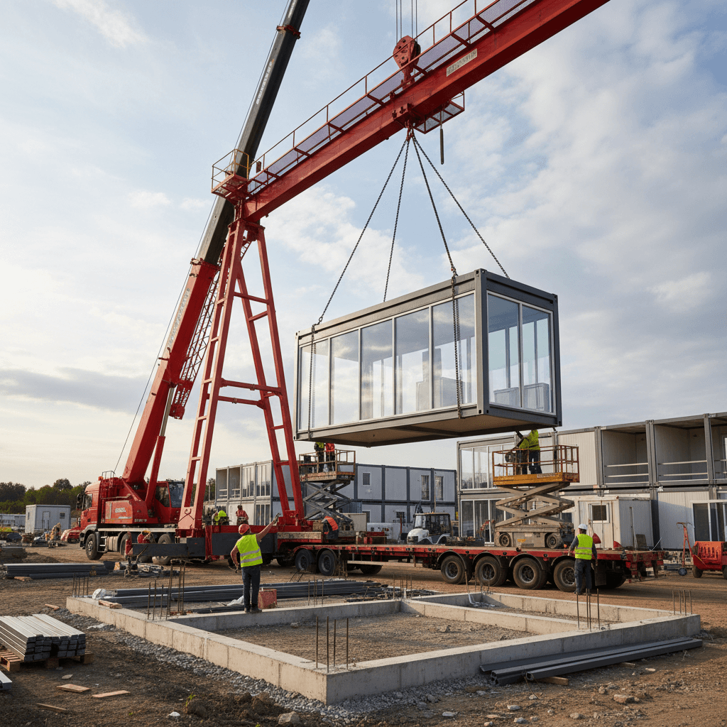 Crane lifting modular office section into place